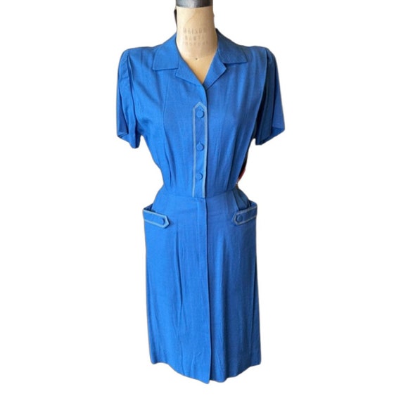 1950s blue linen dress - image 1