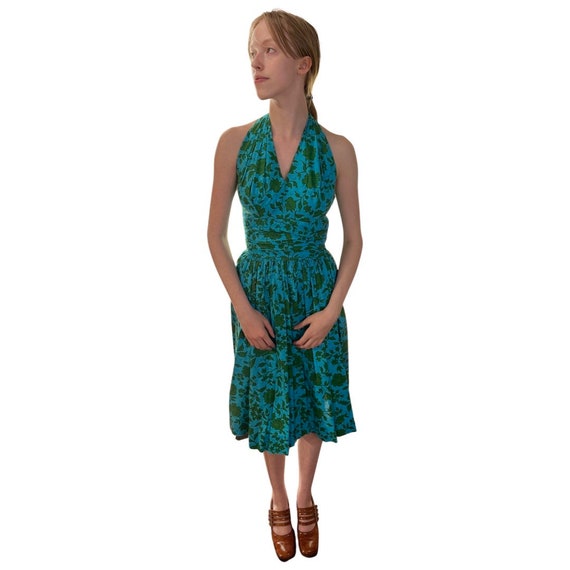 1950s blue and green halter dress - image 1