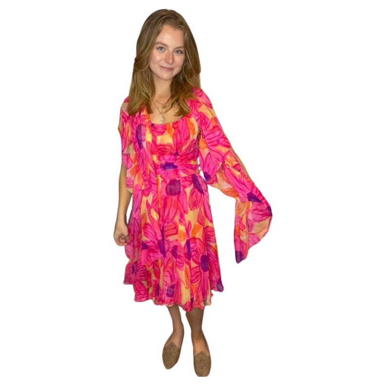 1960s floral Silk chiffon dress with shawl image 1