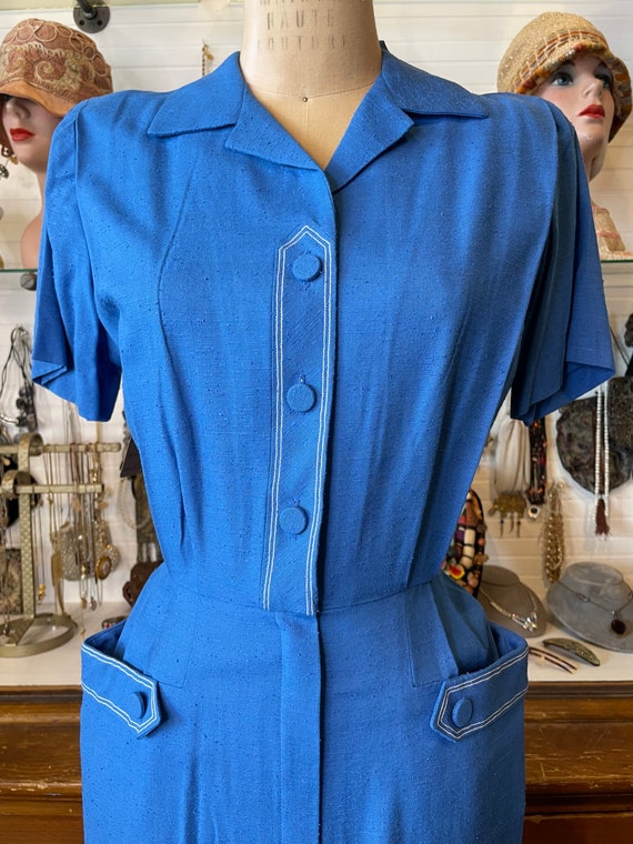 1950s blue linen dress - image 3