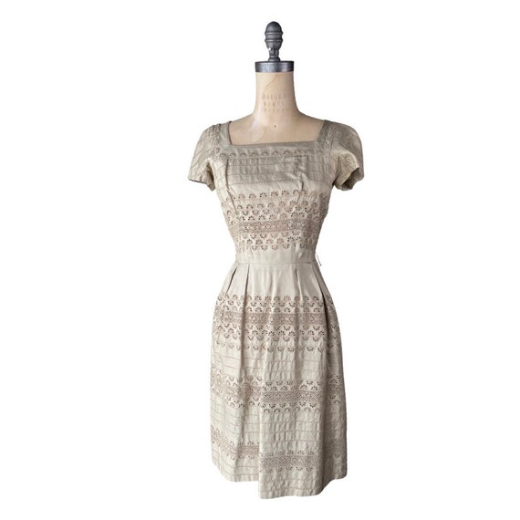 1950s golden beige raw silk eyelet wiggle dress