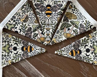 Botanical Fabric Banner, Mini Fabric Banner, Botanical Garland Banner, Handmade Bumble Bee Moon Mushroom, Home Decor
