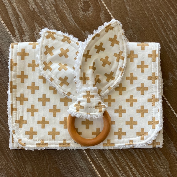 Gold Metallic Burp Cloth/ Swiss Cross/ 2 Piece Baby Gift Set/ Burp Rag, Gold Cross, Bunny Ear Teether, Hardwood Teething Ring, Baby Teether