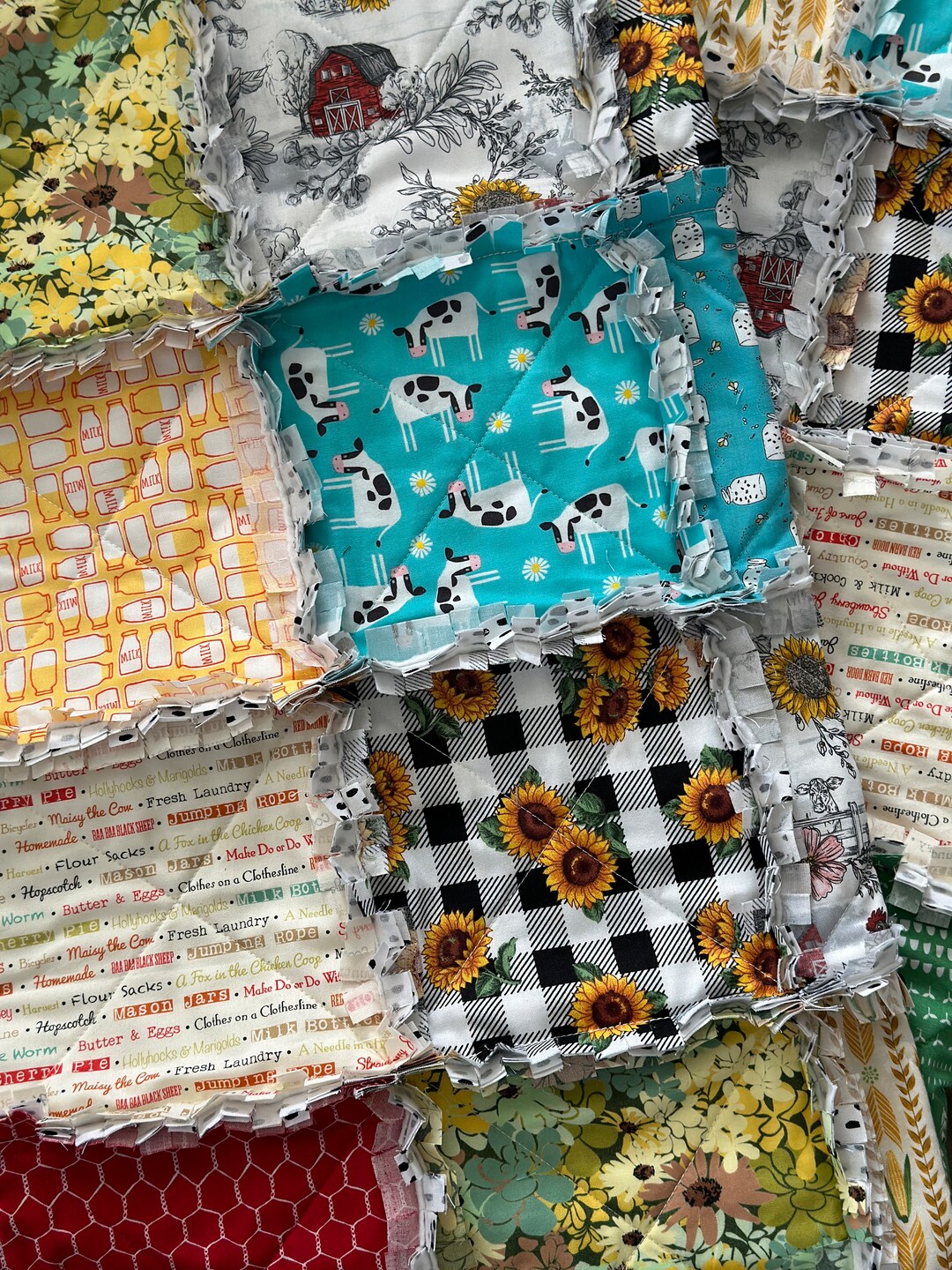 Farmhouse Rag Quilt Handmade: Sunflower, Buffalo Plaid, Cows (50x56 ...