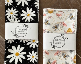 Quilted Daisy Dishcloth Set: Handmade Cotton Terry Cloth Dish Rags