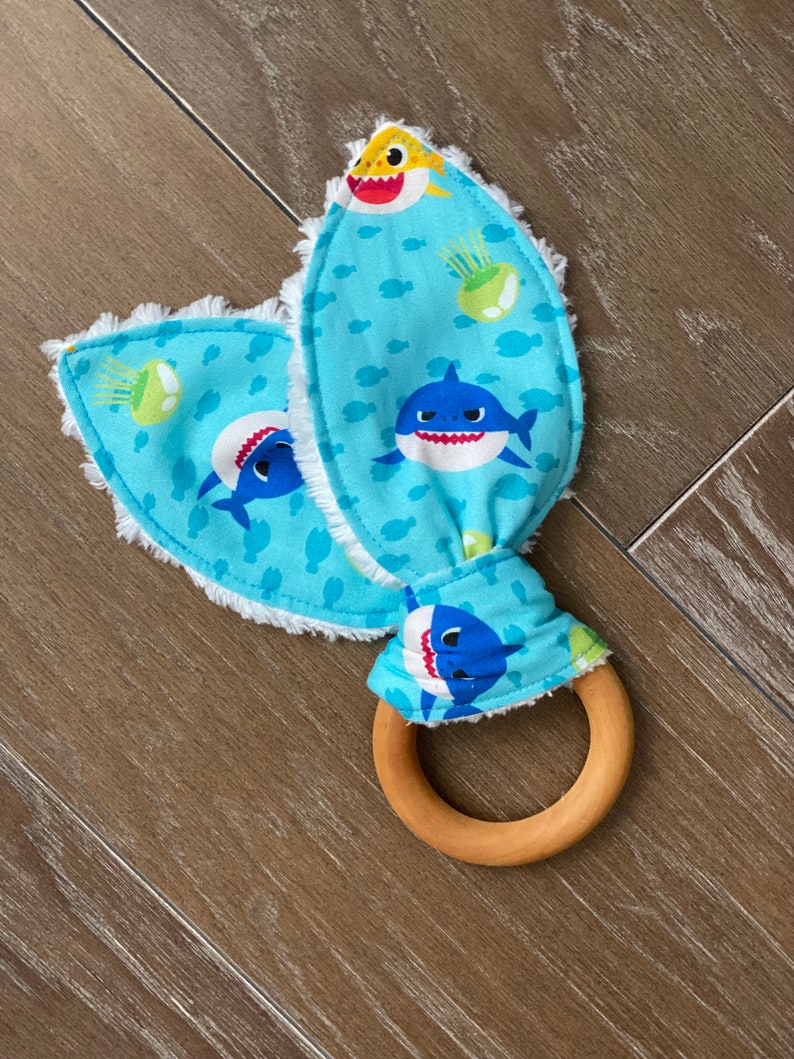 Baby Shark Sharks Burp Cloth Bunny Ear Teether Hardwood Teething Ring New Baby New Mama Present Natural Wood Ring Best Baby Gift