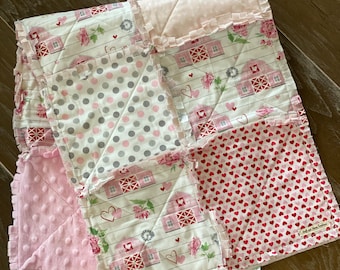 Farmhouse Rag Quilt Baby Girl Fringe Blanket, Pink Hearts, Baby Blanket Shower Gift, Ready To Ship