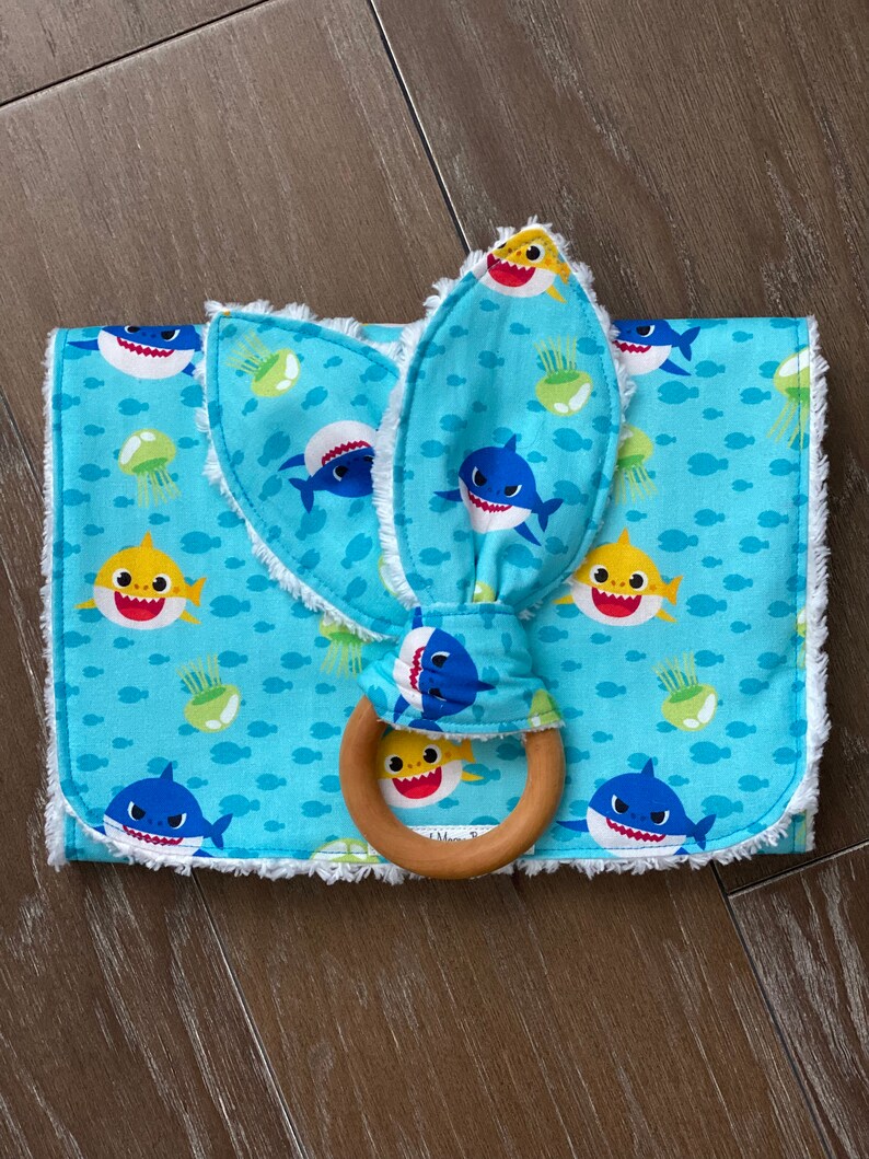 Baby Shark Sharks Burp Cloth Bunny Ear Teether Hardwood Teething Ring New Baby New Mama Present Natural Wood Ring Best Baby Gift