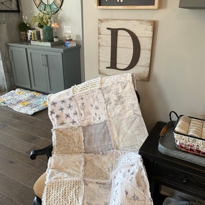 Rustic Modern Rag Quilt Throw- Lap Fringe Blanket- Black White Gray Grey- Handmade- Farmhouse- Modern Farmhouse