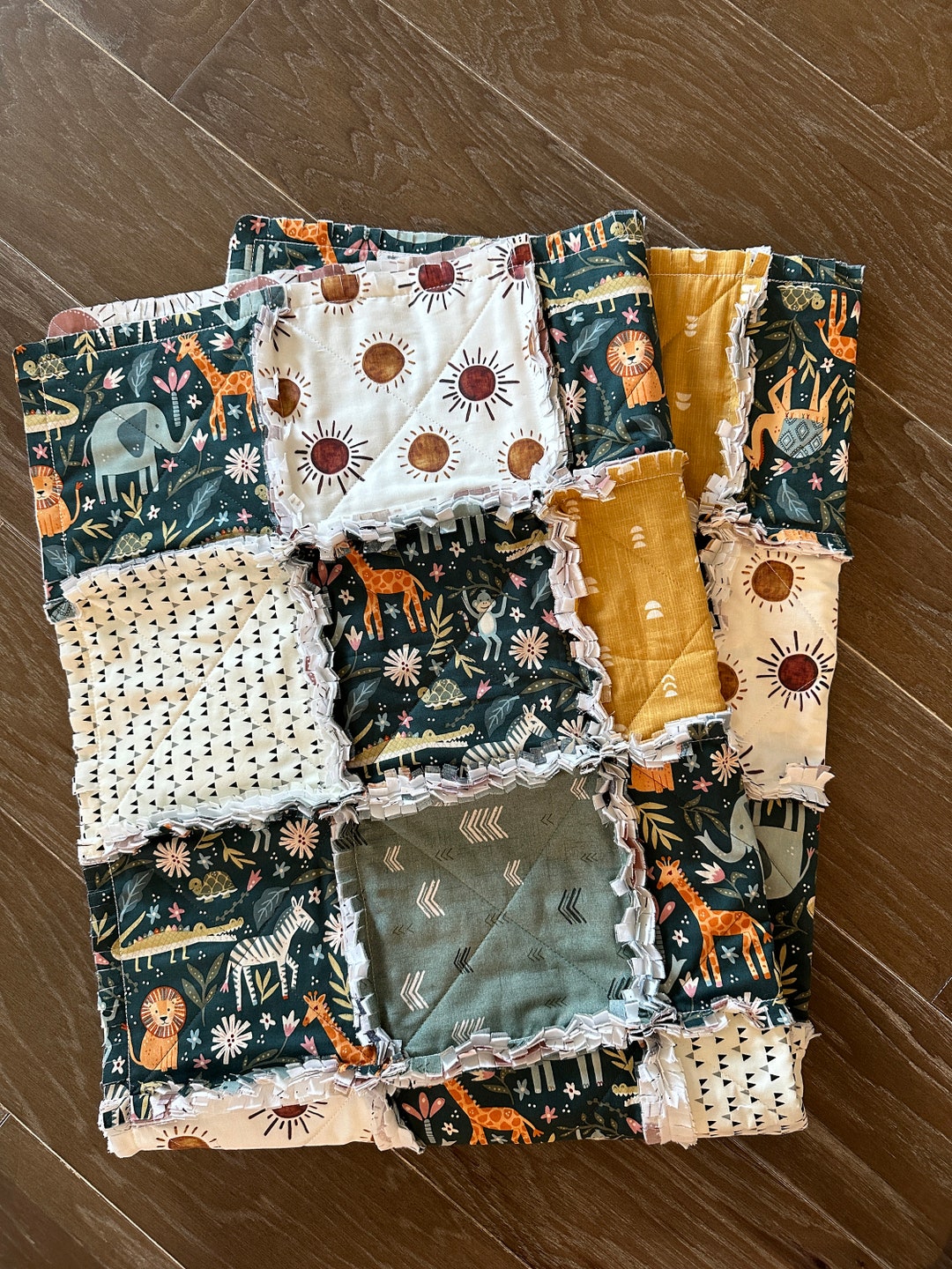 Safari Animals Rag Quilt: Handmade Crib Blanket, Modern Nursery Decor ...