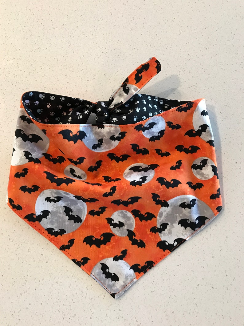 Halloween-Bandana-Dog-Cat-Scarf-Tie On-Bats-Full Moon-Paw Prints-Orange-Black-Party-Dog Clothes.
