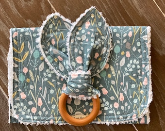 Baby Shark Sharks Burp Cloth Bunny Ear Teether Hardwood Teething Ring New Baby New Mama Present Natural Wood Ring Best Baby Gift