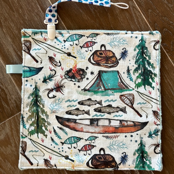Baby Minky Paci Keeper  Blanket- Double  Minky Lovey- Lake Boat Fishing- Handmade Gift- Ready To Ship