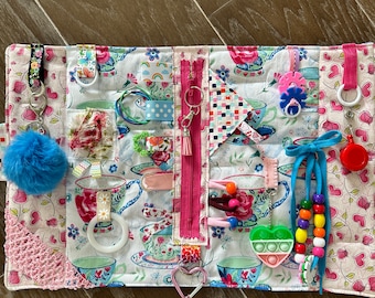 Teacup Fidget Blanket, Adult Busy Mat, Pink Hearts Floral Fidget, Dementia Alzheimer's, Brain Trauma