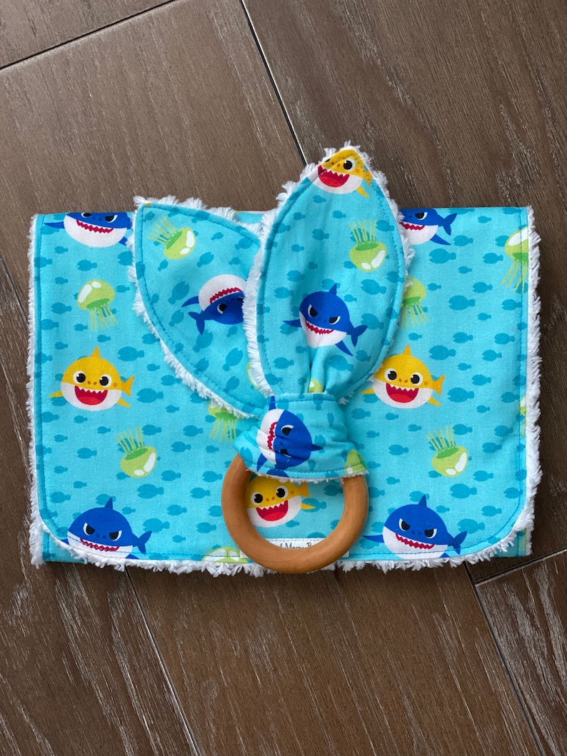 Baby Shark Sharks Burp Cloth Bunny Ear Teether Hardwood Teething Ring New Baby New Mama Present Natural Wood Ring Best Baby Gift
