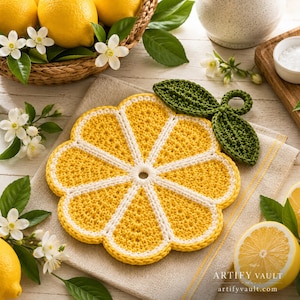 May include: A round, crocheted potholder shaped like a lemon slice, featuring bright yellow segments separated by white yarn lines, with two dark green crocheted leaves attached at the top. The design includes a small loop for hanging.