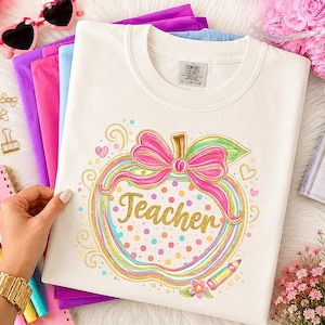 Preppy Teacher Apple Back to School PNG, Teacher Coquette PNG, Teacher Shirt Design, Colorful Polka Dot Teach, Girly Pink Bow Sublimation