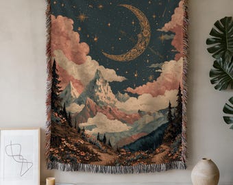 Celestial Moon Stars Woven Blanket | Night Sky Tapestry Throw