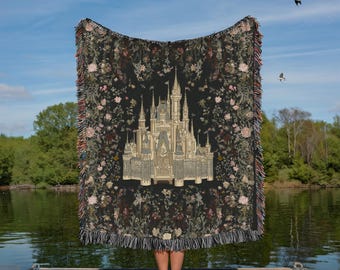 Vintage Medieval Castle Woven Blanket | Tapestry Throw Floral Border Gothic Chateau