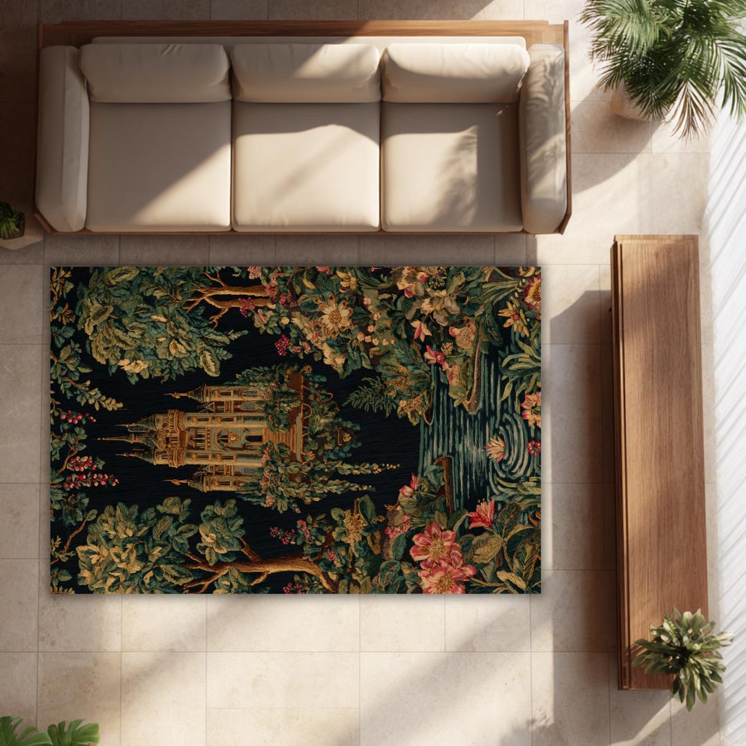 Colorful Rug Medieval Victorian Castle Medieval Styled Area Rug | Floral Woodland Scene - Etsy