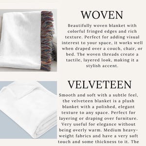 May include: A white woven blanket with multicolored fringed edges and a white velveteen blanket with a smooth, plush texture. The image includes text labels WOVEN and VELVETEEN with descriptive paragraphs detailing the features of each blanket.