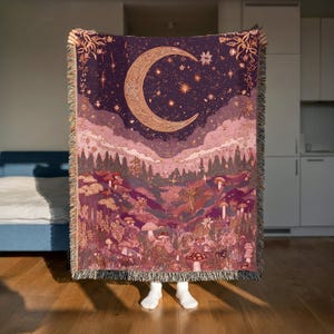 Violet Celestial Moon and Stars Woven Blanket | Night Sky Tapestry Throw | Wall Art Hanging