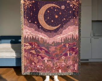 Violet Celestial Moon and Stars Woven Blanket | Night Sky Tapestry Throw | Wall Art Hanging