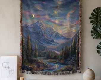 Celestial Mountain Moon and Stars Blanket | Night Sky Aurora Mountains Throw
