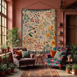 Vintage Floral Tapestry Woven Blanket | Boho Throw Colorful Fringe Edges | Wall Art