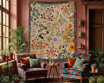 Vintage Floral Tapestry Woven Blanket | Boho Throw, Fringe Edge