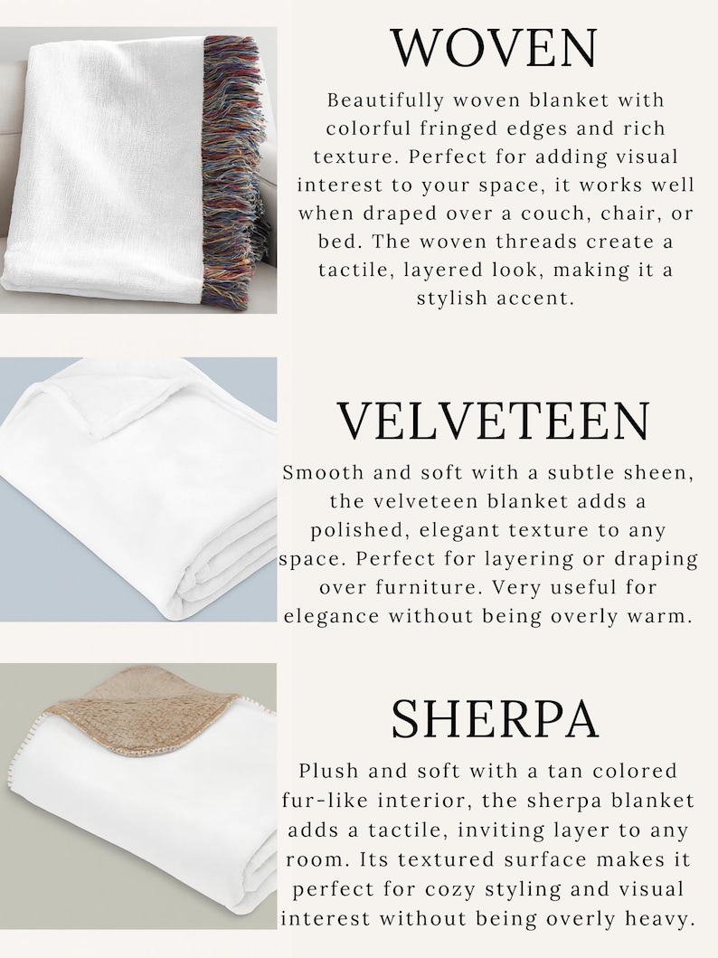 May include: White woven blanket with colorful fringed edges. A white velveteen blanket. A white sherpa blanket with a tan fur-like interior. The image includes the words "WOVEN", "VELVETEEN", and "SHERPA".