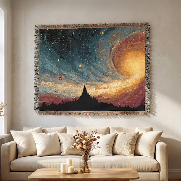 Starry Swirly Sky Woven Blanket | Mountain Riverside Tapestry Throw | Colorful Inspired Wall Art