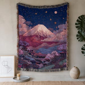 Mount Fiji Sky Woven Blanket | Anime Styled Pink Abstract Starry Peaks Tapestry Throw