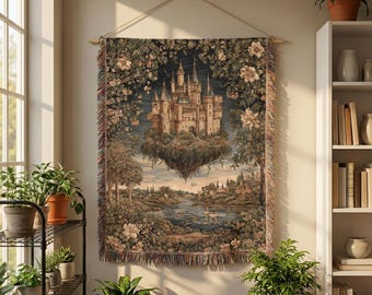 Vintage Medieval Floating Castle Tapestry Woven Blanket | Rustic Fairy Tale Landscape Throw