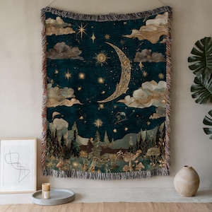 Celestial Moon and Stars Woven Blanket | Night Sky Tapestry Throw | Wall Art Hanging