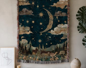 Celestial Moon and Stars Woven Blanket | Night Sky Tapestry Throw | Wall Art Hanging
