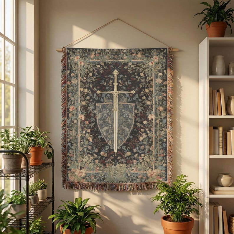 May include: A tapestry wall hanging featuring a sword and shield design. The tapestry has a dark background with floral and foliage patterns in shades of green, pink, and cream. The sword and shield are in a light silver color.
