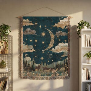 May include: A rectangular woven wall tapestry featuring a dark teal night sky with a large golden crescent moon, scattered stars, and stylized clouds. The lower section depicts a dense forest landscape with trees and mushrooms in earthy tones.