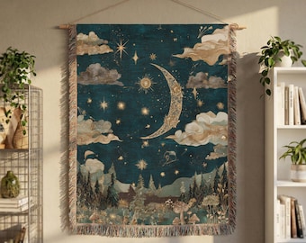 Celestial Moon and Stars Woven Blanket | Night Sky Tapestry Throw | Wall Art Hanging