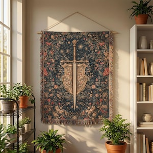 Medieval Sword Tapestry Woven Blanket | Floral Vintage Boho styled Motif