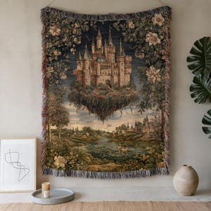 Vintage Medieval Floating Castle Tapestry Woven Blanket | Rustic Fairy Tale Landscape Throw
