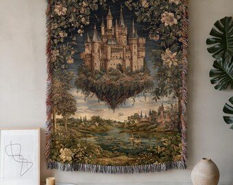 Vintage Medieval Floating Castle Tapestry Woven Blanket | Rustic Fairy Tale Landscape Throw