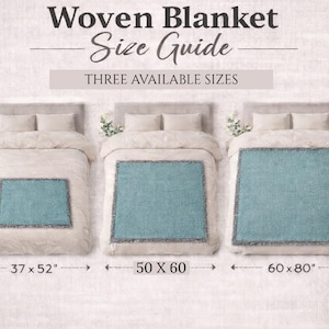 May include: A size guide for woven blankets, showcasing three sizes: 37 x 52 inches, 50 x 60 inches, and 60 x 80 inches. Each blanket is displayed on a bed, with a teal center and a fringed border. The text "Woven Blanket Size Guide" is at the top.