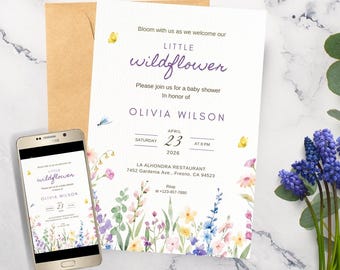 Invitación para baby shower con diseño de flores silvestres, descarga digital, invitación editable para baby shower con diseño de flores silvestres, invitación para bebé para imprimir en casa.