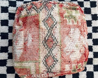 Handgemaakte wollen kelimpoef, vintage boujaad-tapijt, poef, berberboho-vloerkussen