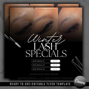 Puede incluir: Folleto en blanco y negro que anuncia "Winter LASH SPECIALS". El diseño presenta imágenes de pestañas y herramientas, con secciones para precios. La parte inferior del folleto dice "READY TO USE+EDITABLE FLYER TEMPLATE".