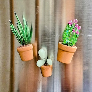 May include: Three miniature potted plant magnets. One features green beaded leaves, another has green beaded leaves with pink beaded flowers, and the third has white leaves. All are in small terracotta pots.