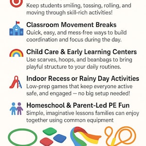 May include: A colorful infographic with the text "Perfect For" and icons representing activities for children. Includes text about preschool, classroom breaks, child care, indoor activities, and homeschool fun. Features a green hoop, beanbags, and a jump rope.