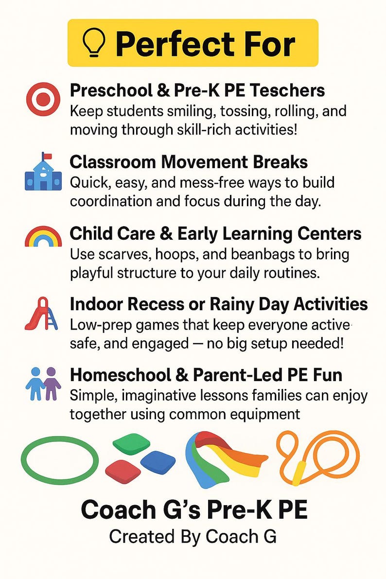 May include: A colorful infographic with the text "Perfect For" and icons representing activities for children. Includes text about preschool, classroom breaks, child care, indoor activities, and homeschool fun. Features a green hoop, beanbags, and a jump rope.