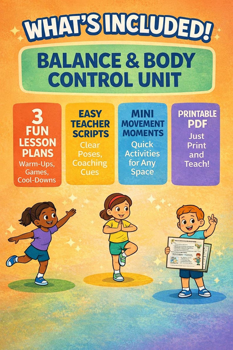 May include: A colorful educational poster titled "WHAT'S INCLUDED! BALANCE & BODY CONTROL UNIT." It features illustrations of children and text boxes with lesson plans, teacher scripts, movement moments, and printable PDFs. The poster promotes fun activities.